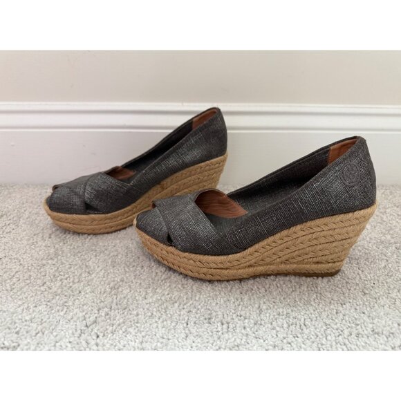 Tory Burch Shoes Size 6 Espadrille Grey Shine Metallic Shine Peep Toe Wedge Heel - Picture 3 of 15